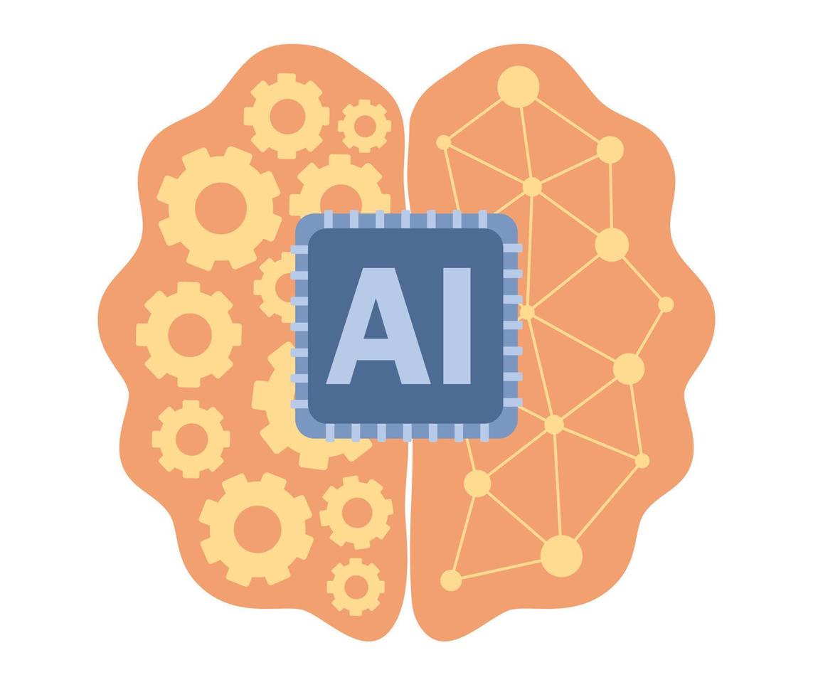 AI icon. Artificial intelligence. Digital brain with neural network circuit board. Cybernetics, futuristic, robotics, machine learning, analysis information. Vector flat illustration