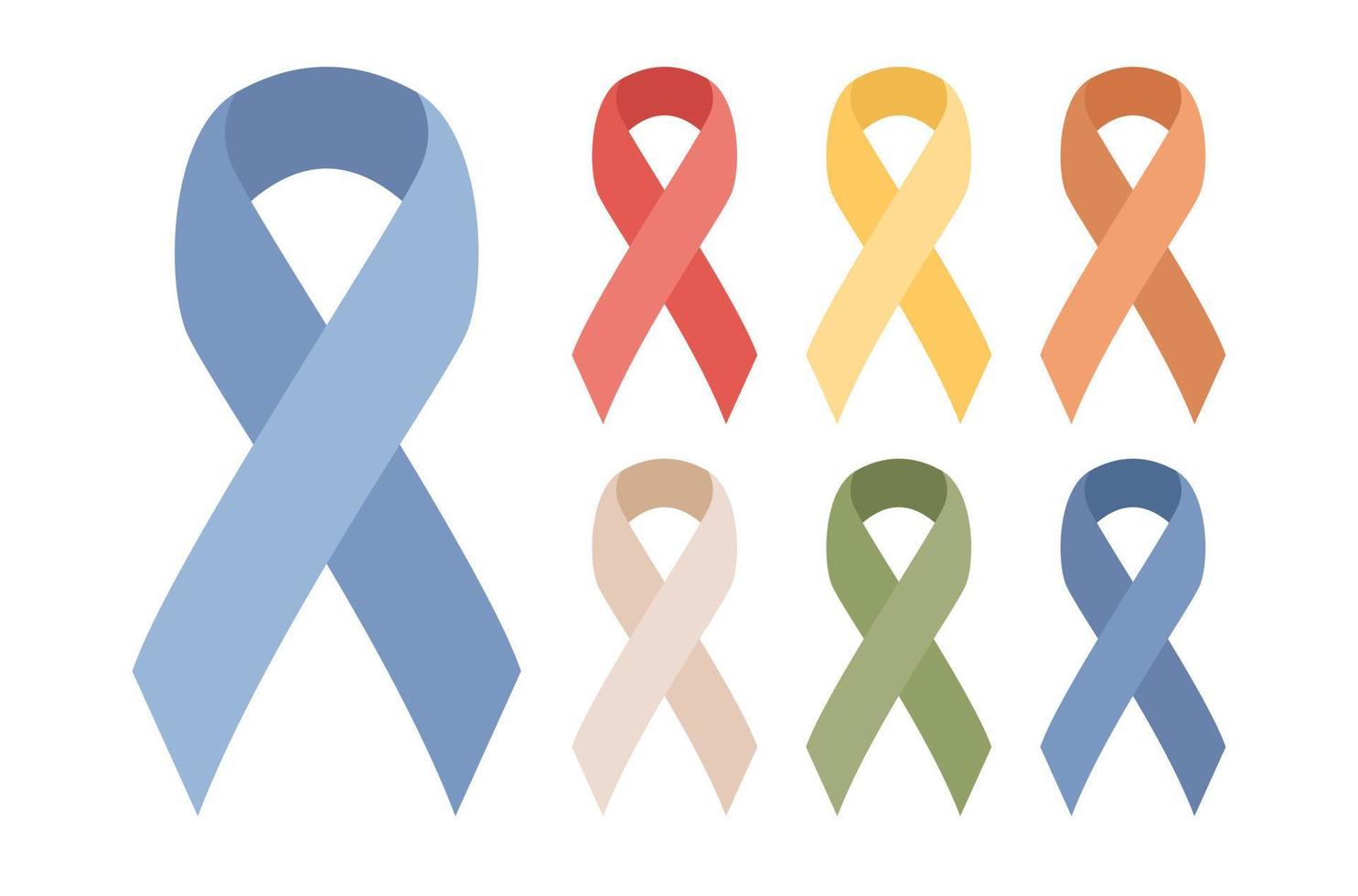 Awareness ribbons icon set. Awareness tapes in 7 different colors. Vector flat illustration