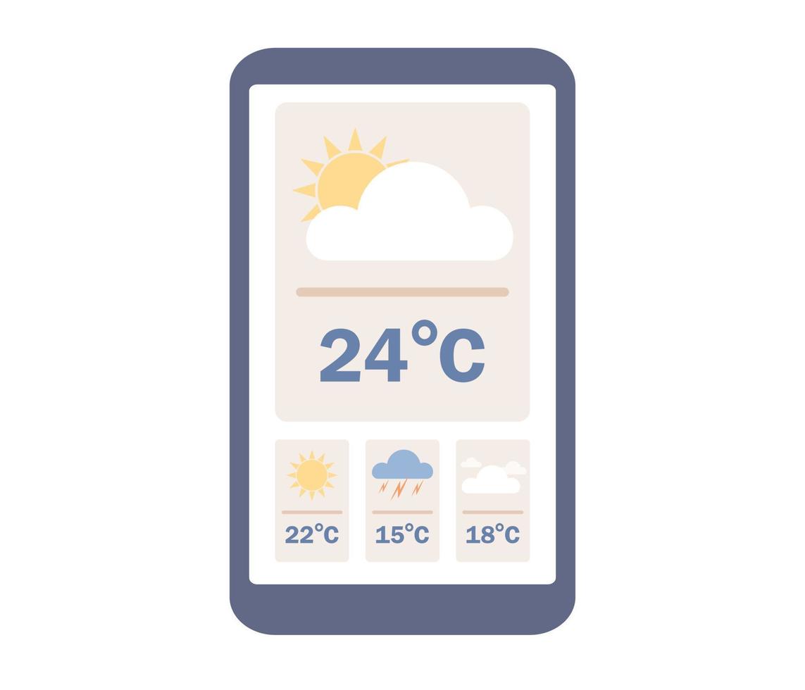 Weather forecast icon. Smartphone with weather app. Daily temperature. Cloudy, rainy and sunny day concept. Vector flat illustration