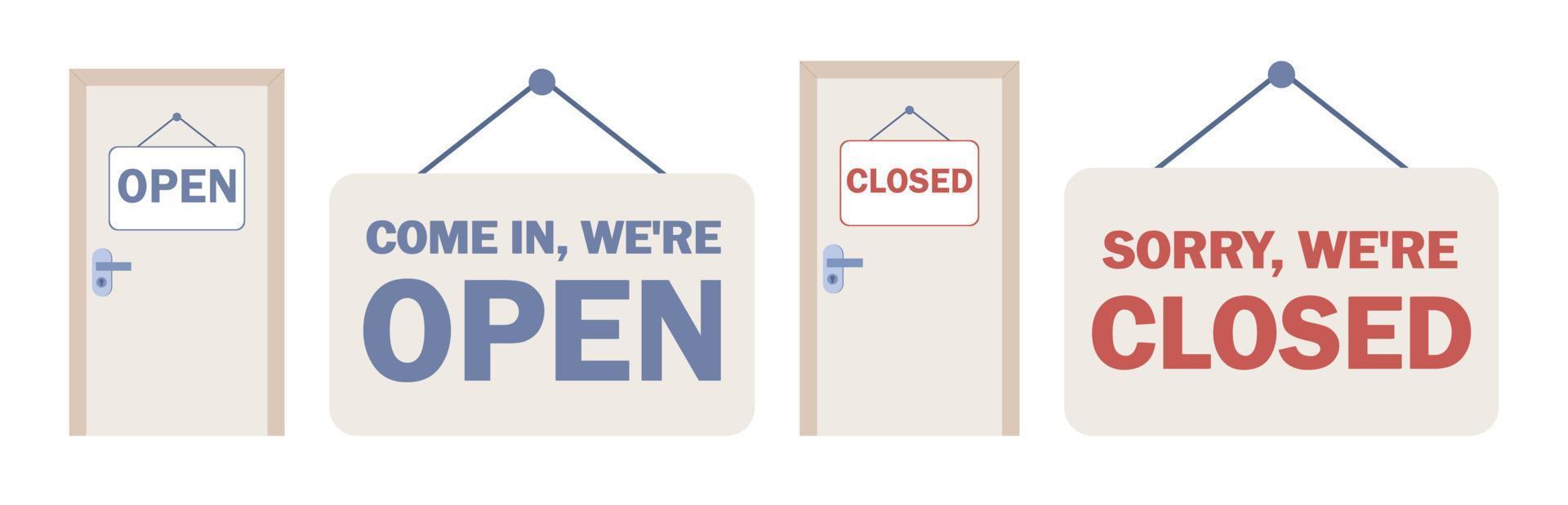 Open and closed door sign. Vector flat illustration