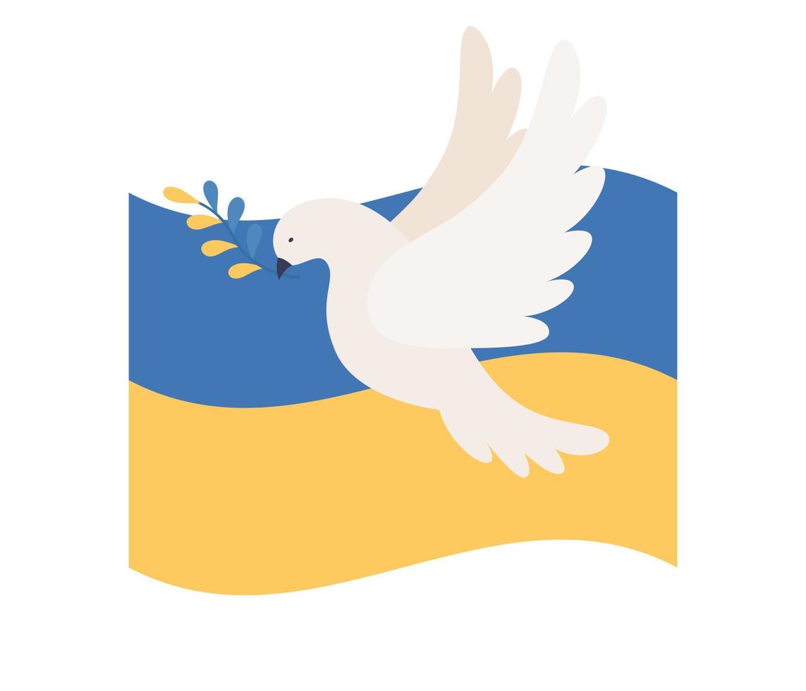 Ukrainian flag and Dove with branch. Symbol of peace. Stop war in Ukraine. Vector flat illustration