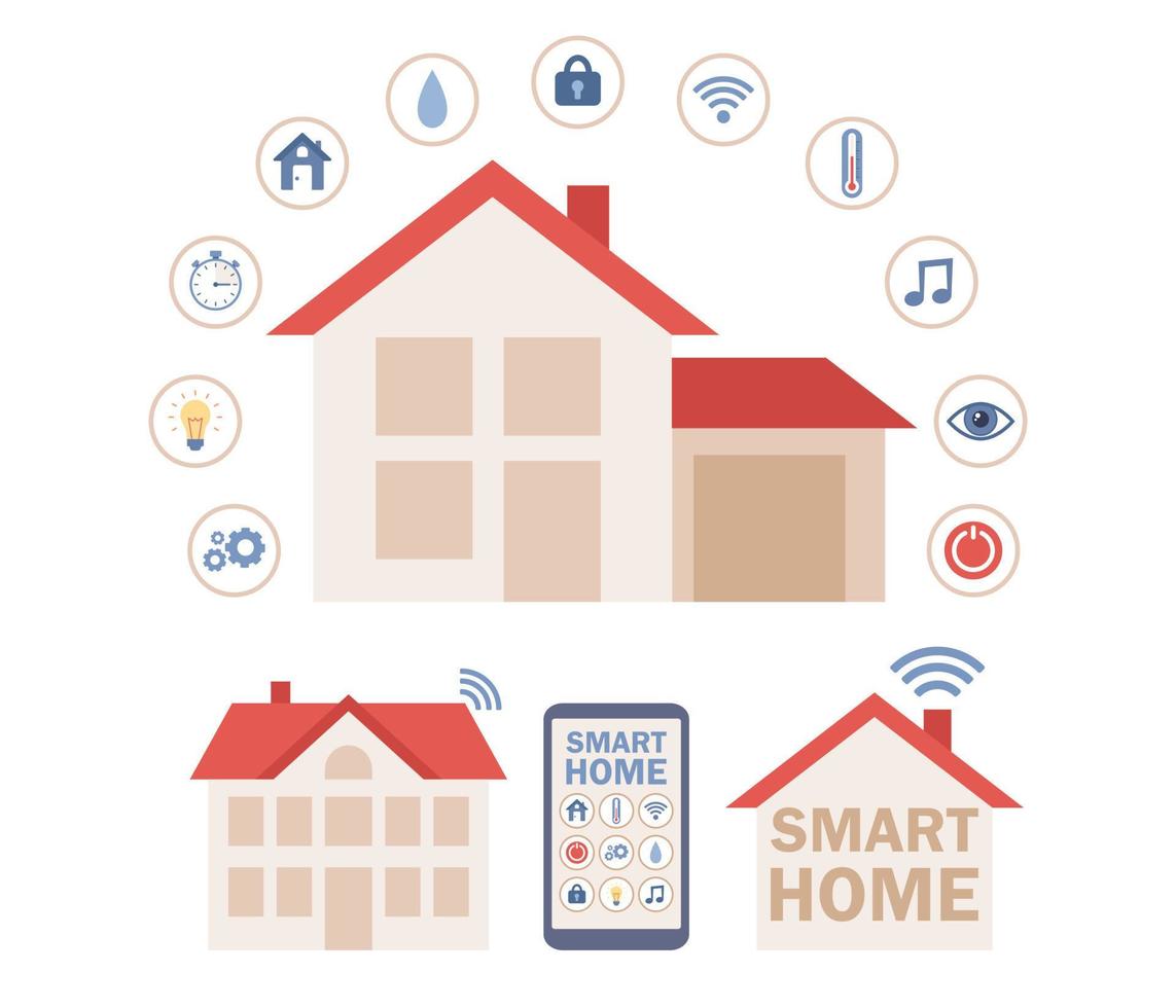 inteligente hogar conjunto icono. automatización centralizado controlar de casa en línea vía teléfono inteligente aplicación inteligente sistemas y tecnologías. vector plano ilustración