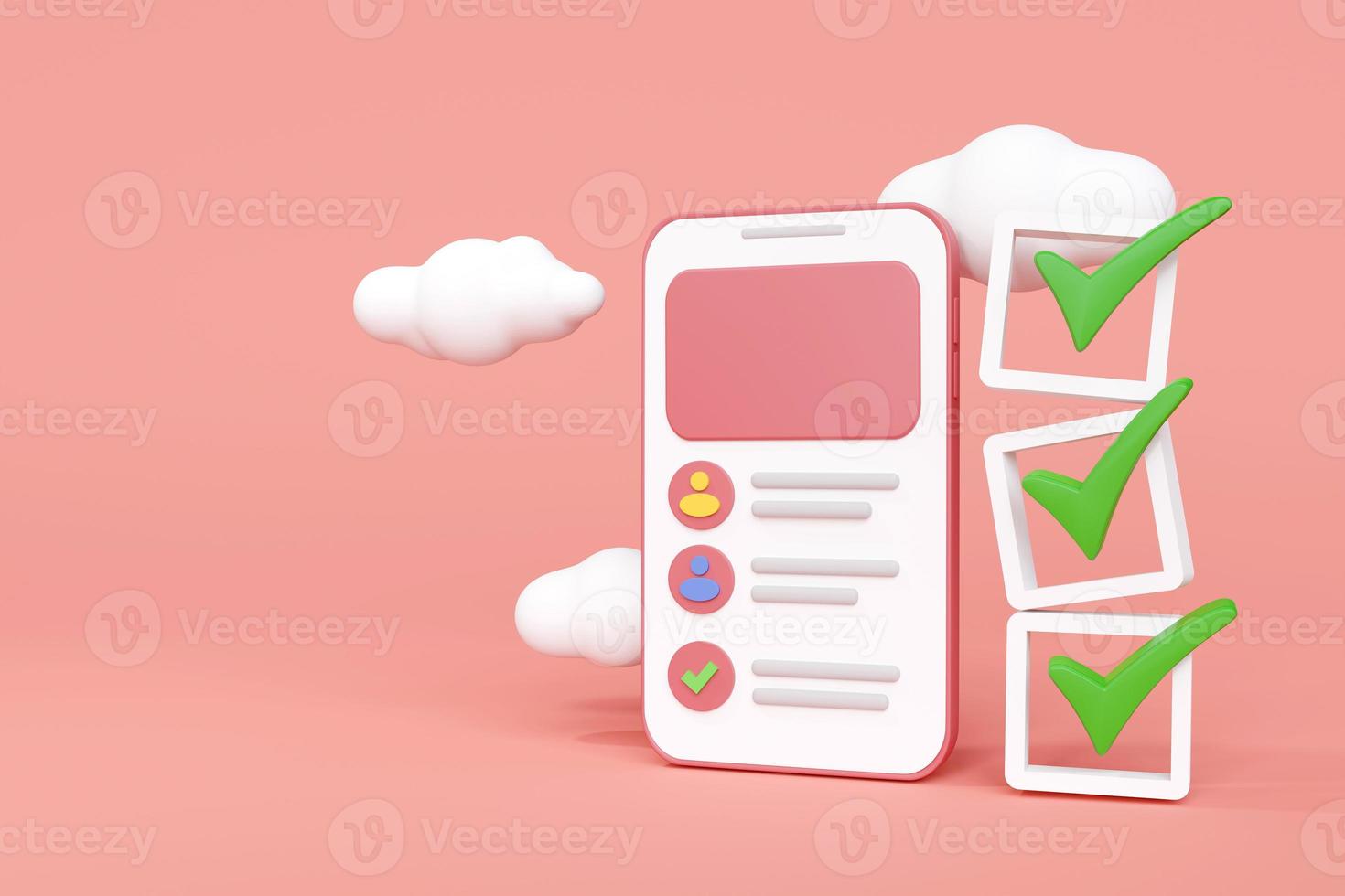 Smartphone with human icon and check mark on pink background with copy space. Concept of transaction check, approval list, or satisfaction questionnaire application. photo