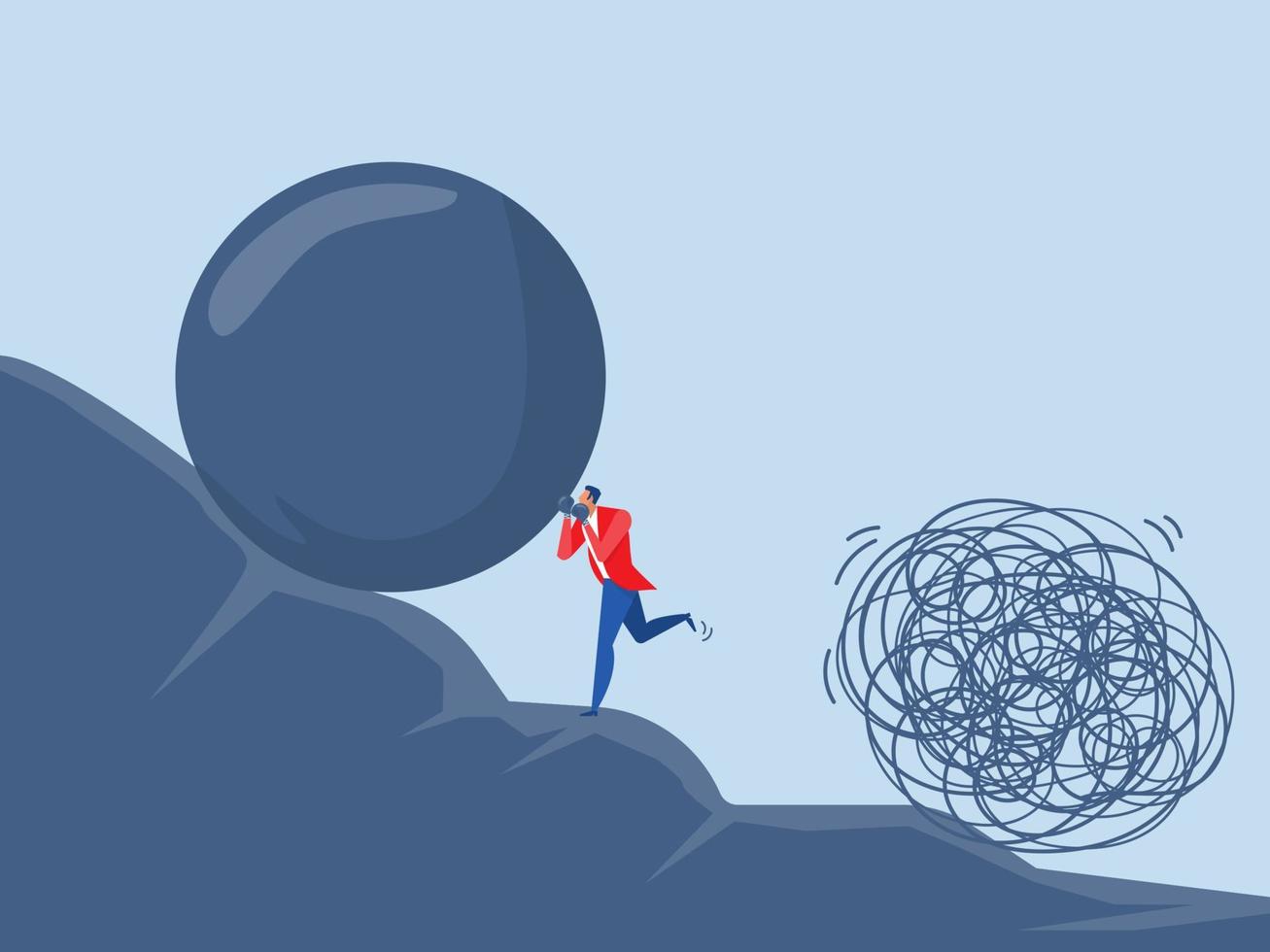 businessman fight from obstacle problem. Businessman carry a big blue ball and step up the mountain. pushing the problem of chaos. Business Concept vector