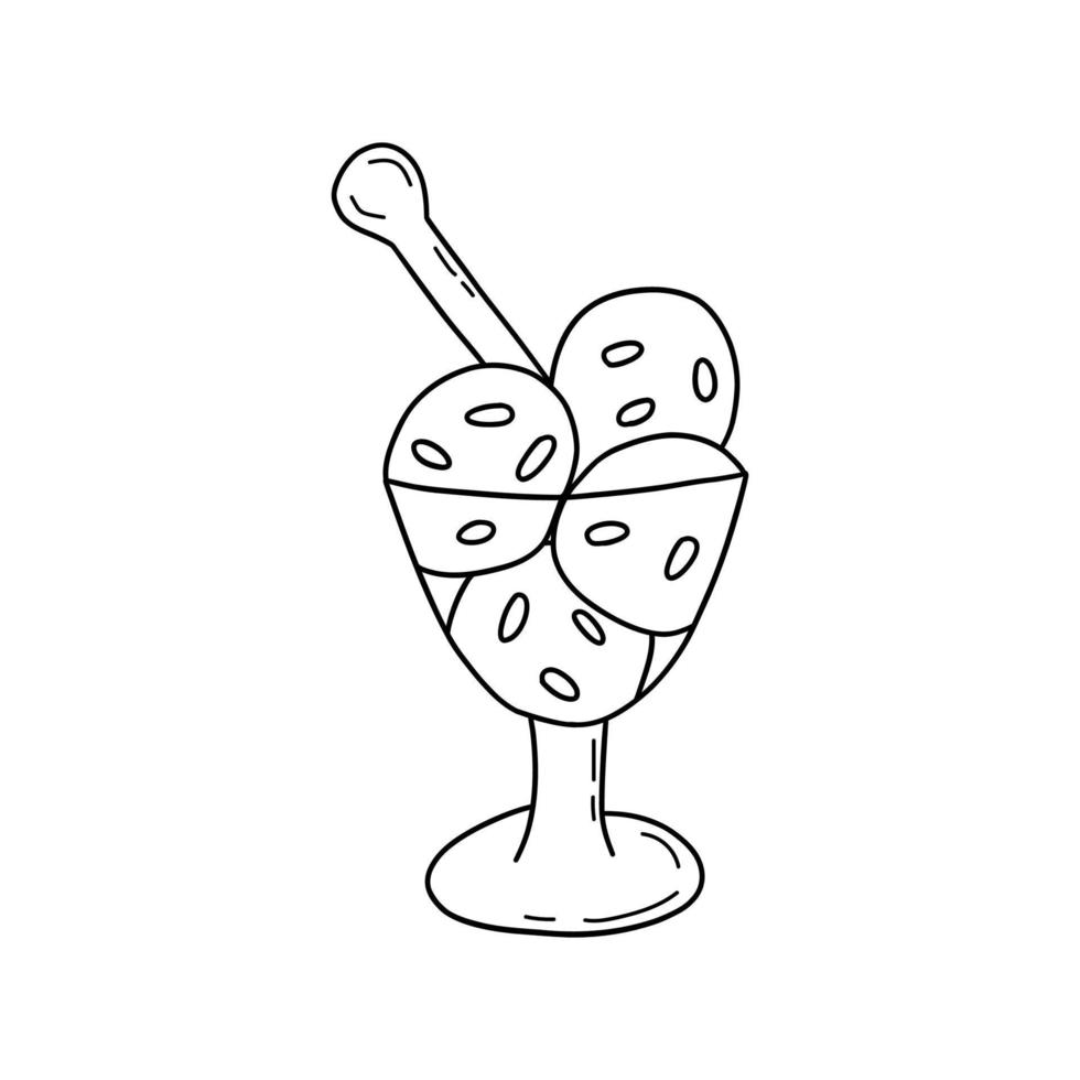 Ice cream scoops in a glass bowl. Vector doodle