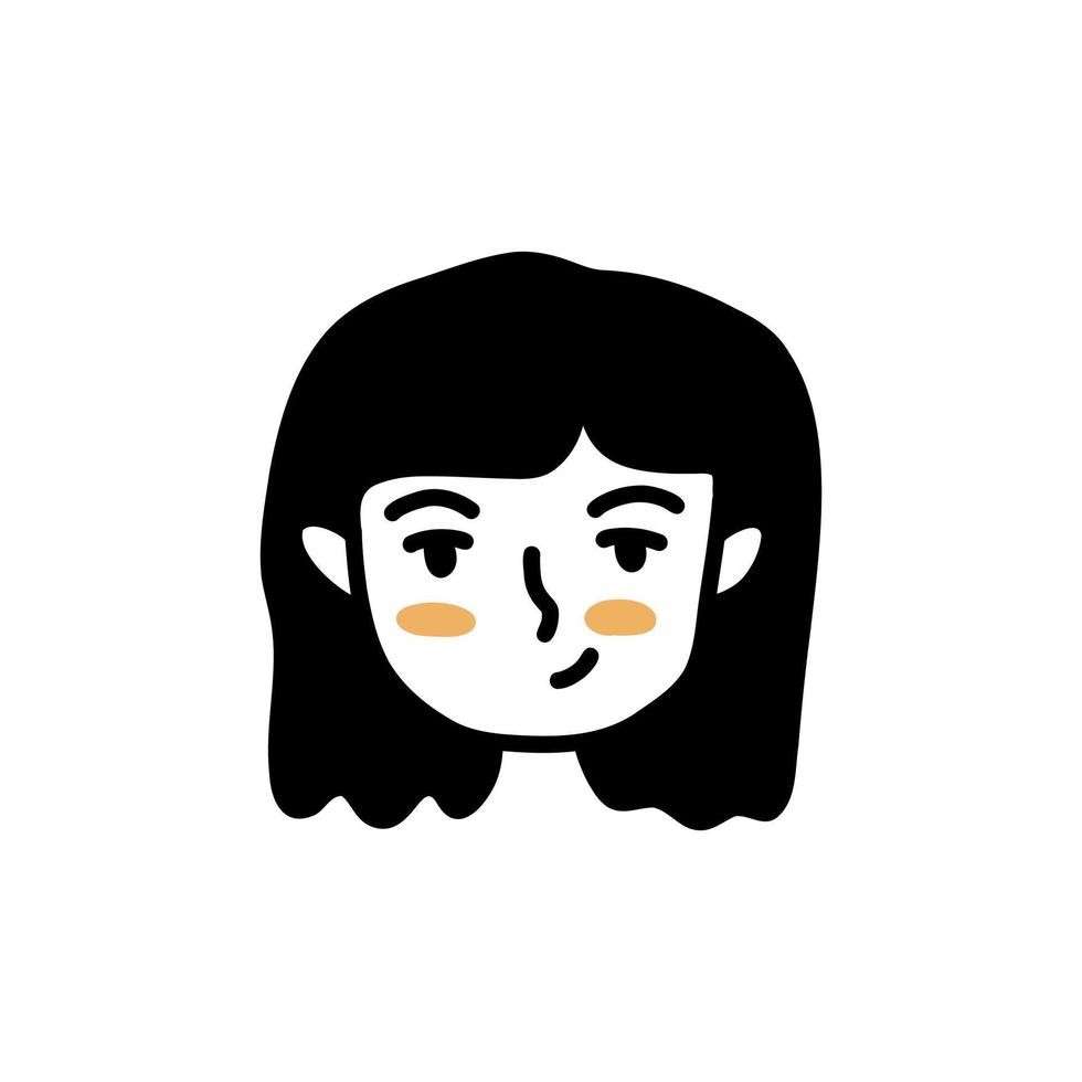 Girl face with smirk. Black and white vector doodle