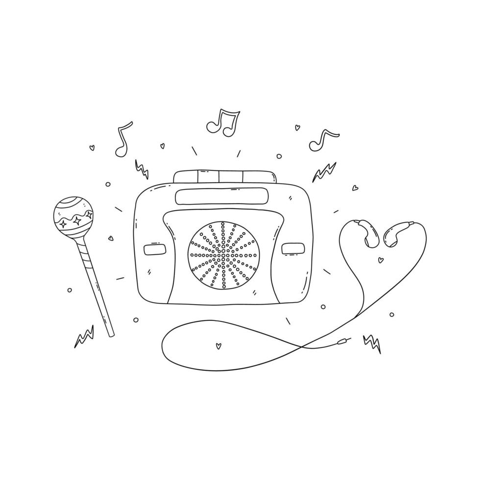 Cassette audio player, headphones and lollipop. Vector