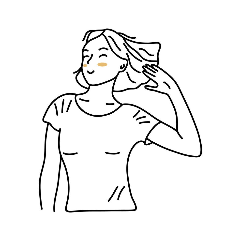 Young girl playfully brushes her hair. Vector