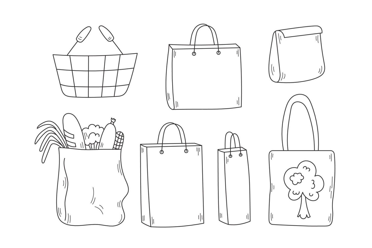 Shopping bag doodles set vector