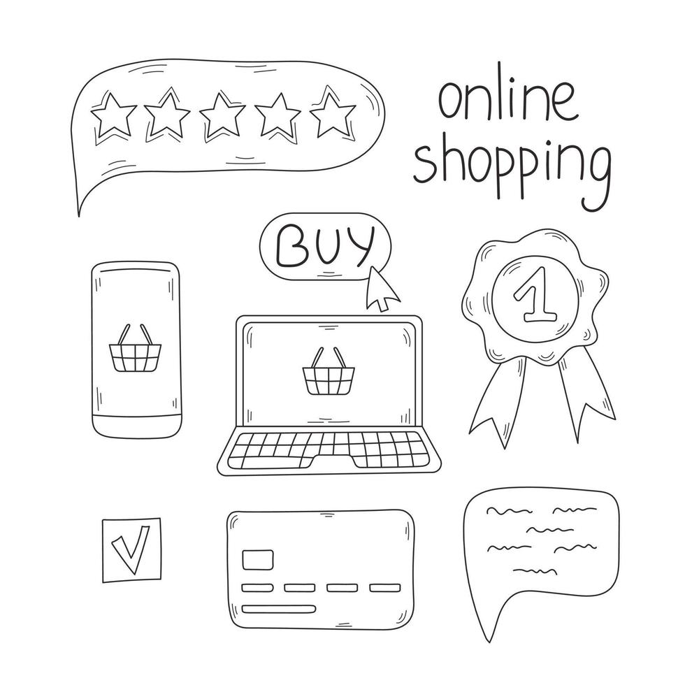 Online shopping doodles set vector