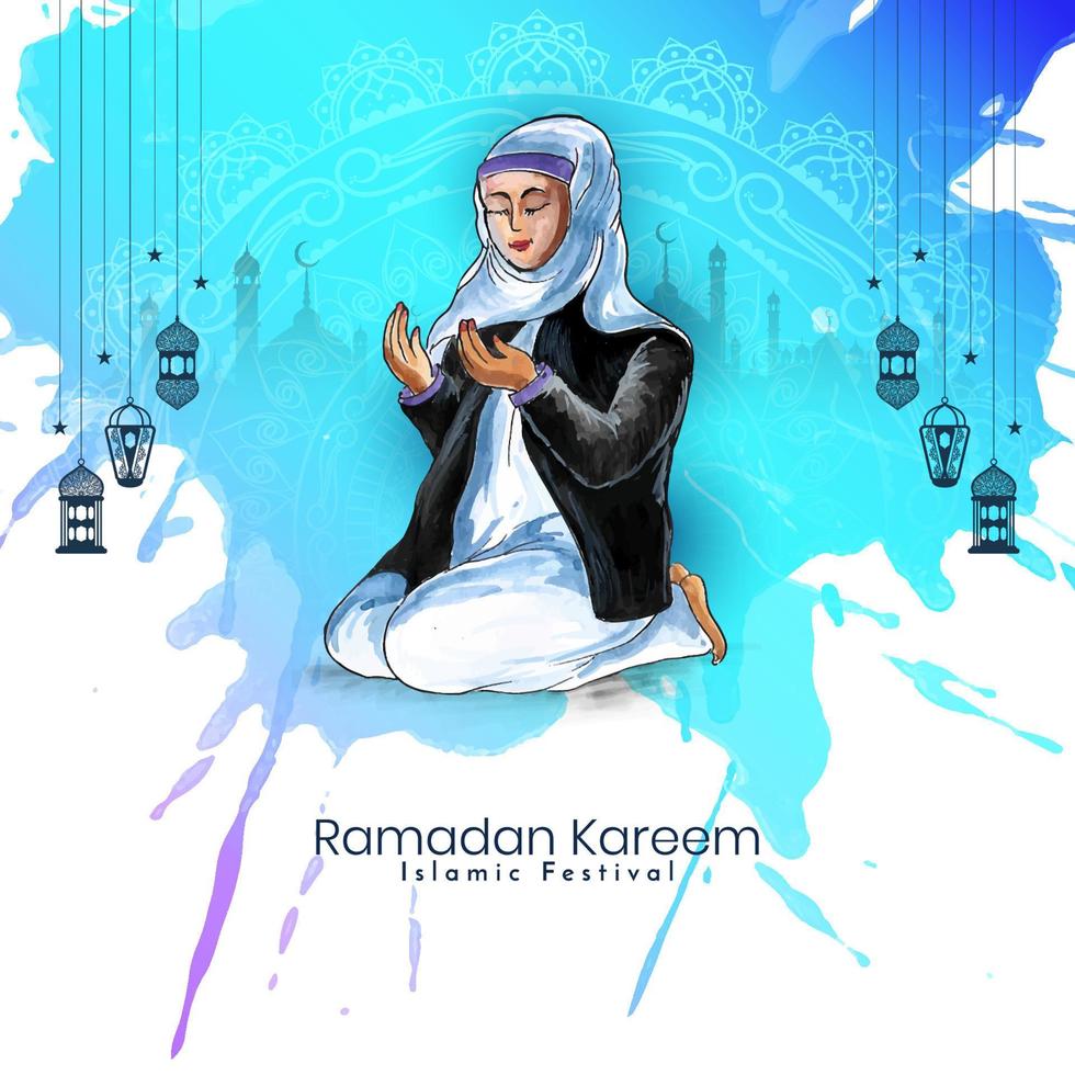 Ramadán kareem festival tarjeta con musulmán hembra ofrecimiento namaz a Alá vector