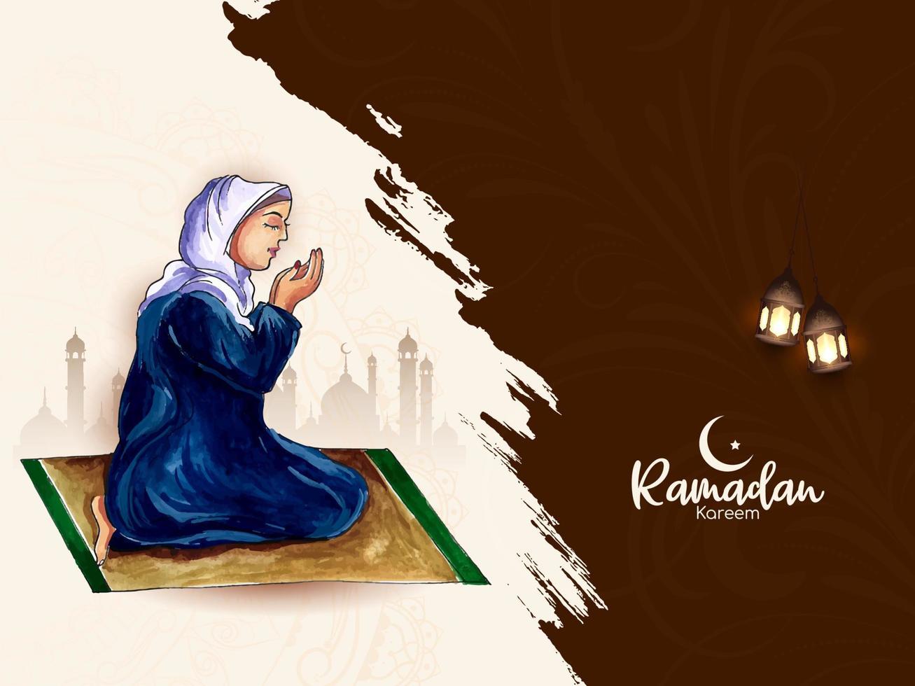 Ramadán kareem festival saludo tarjeta con musulmán hembra ofrecimiento namaz vector