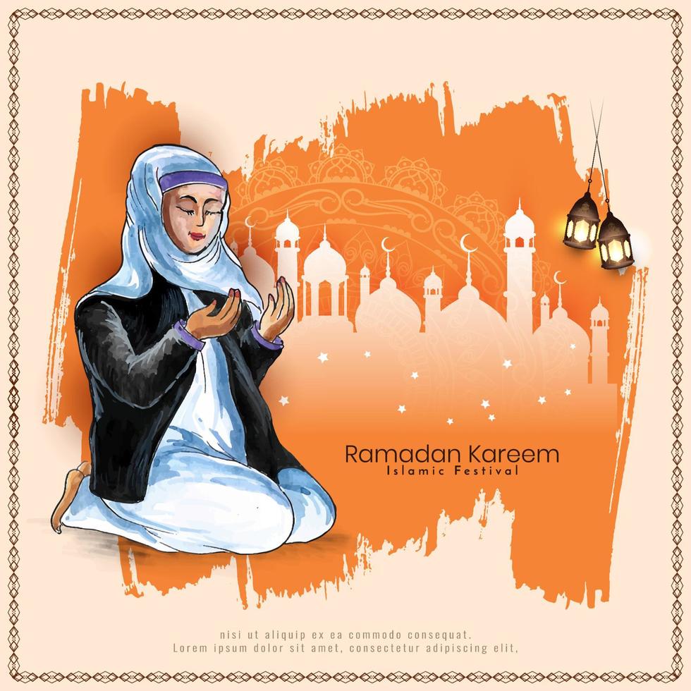 Ramadán kareem islámico festival tarjeta con musulmán hembra ofrecimiento namaz en hijab vector