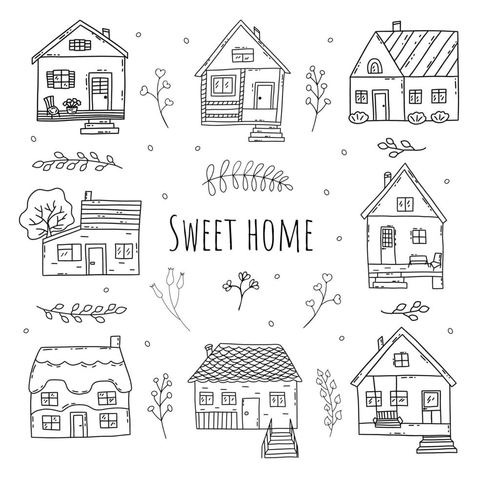 Set of small cute houses. Vector doodle