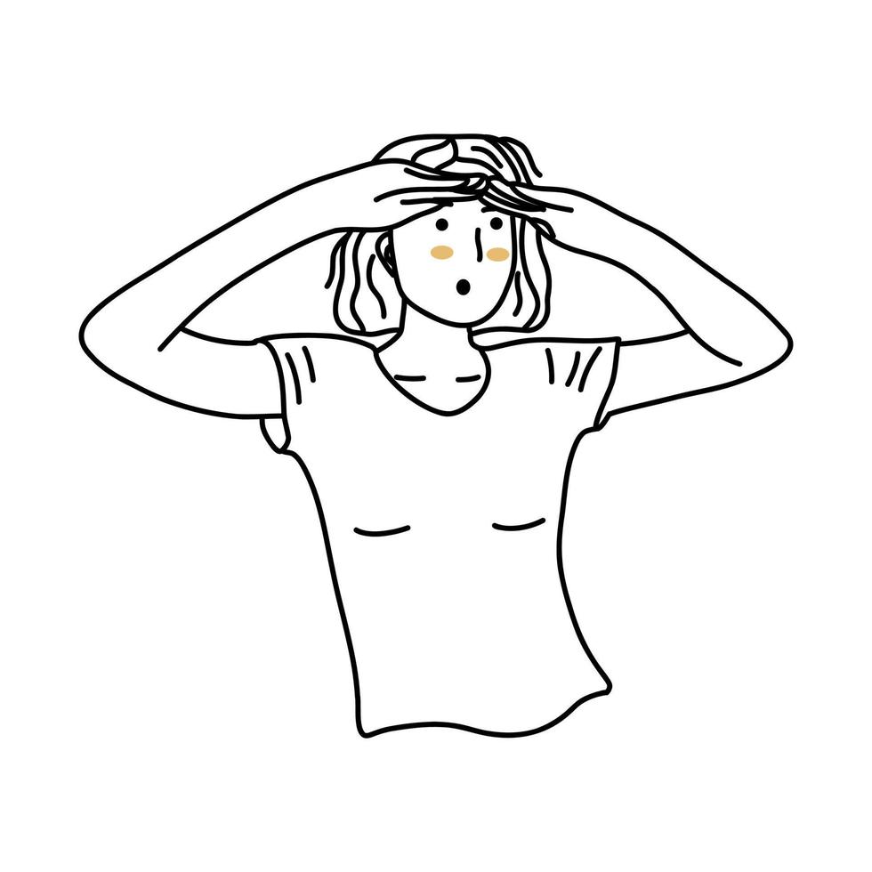 Girl looks forward, putting her hands to forehead. Vector