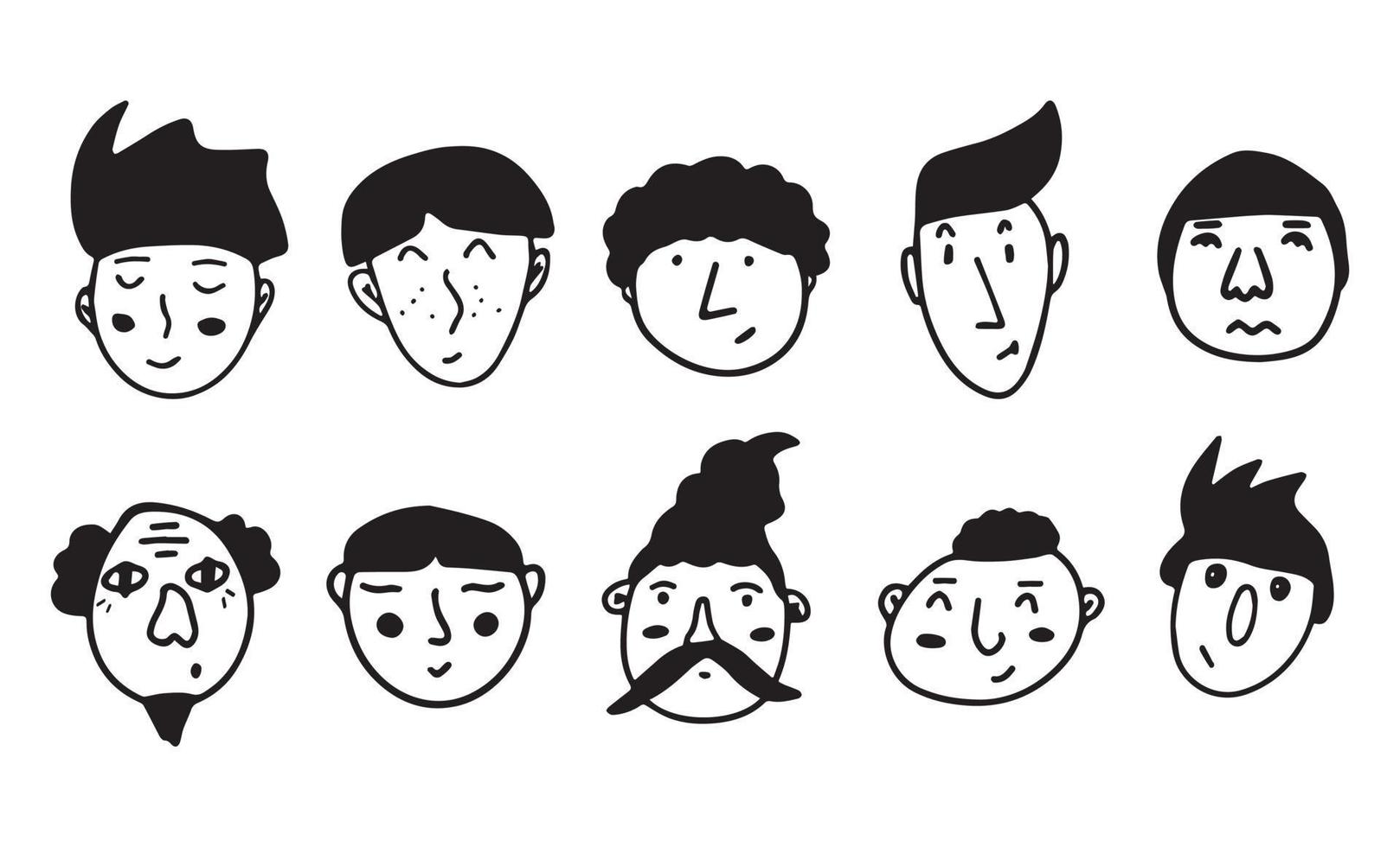 Set of doodle guy faces. Black and white vector