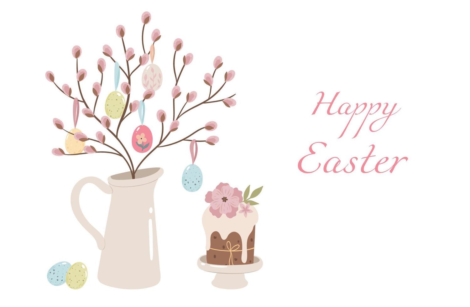 Banner with Easter eggs, Easter cake and willow in a jug. Vector graphics.