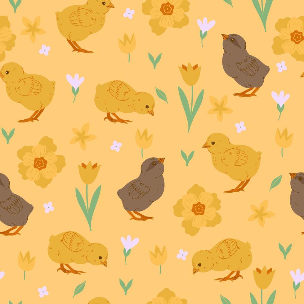Seamless pattern with baby chickens and flowers. Vector graphics.
