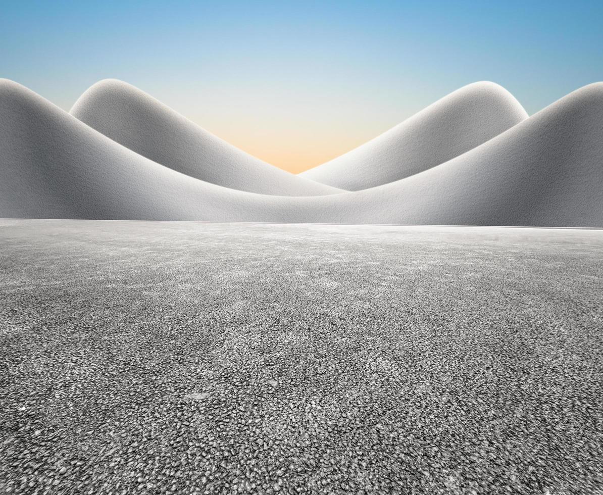Abstract concrete building with wide unmanned asphalt pavement, clean bright sky background. photo