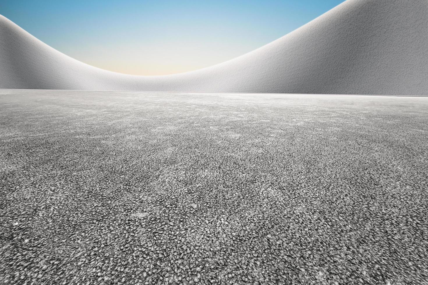 Abstract concrete building with wide unmanned asphalt pavement, clean bright sky background. photo