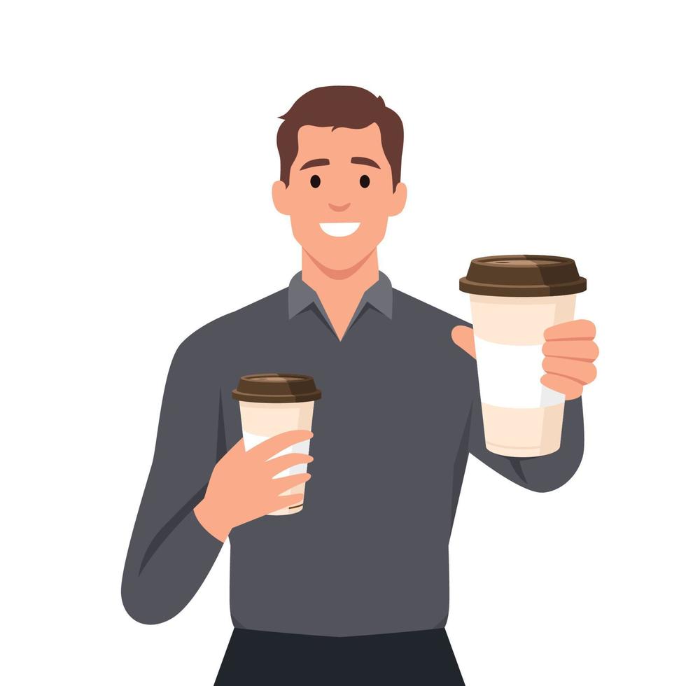 Smiling young man with coffee cups in cup offer drink to friend. Happy guy stretch hand with takeaway warm drink to camera vector
