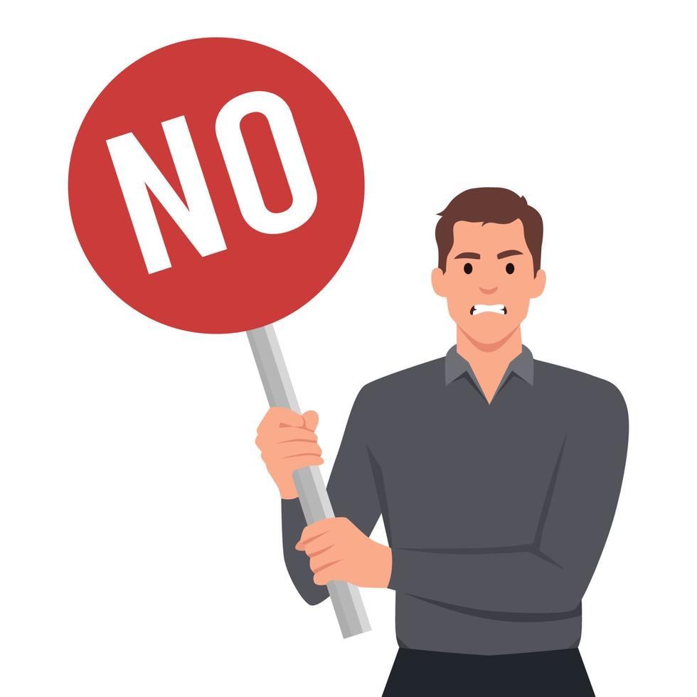 Businessman or man holds a sign with text NO with angry face. vector