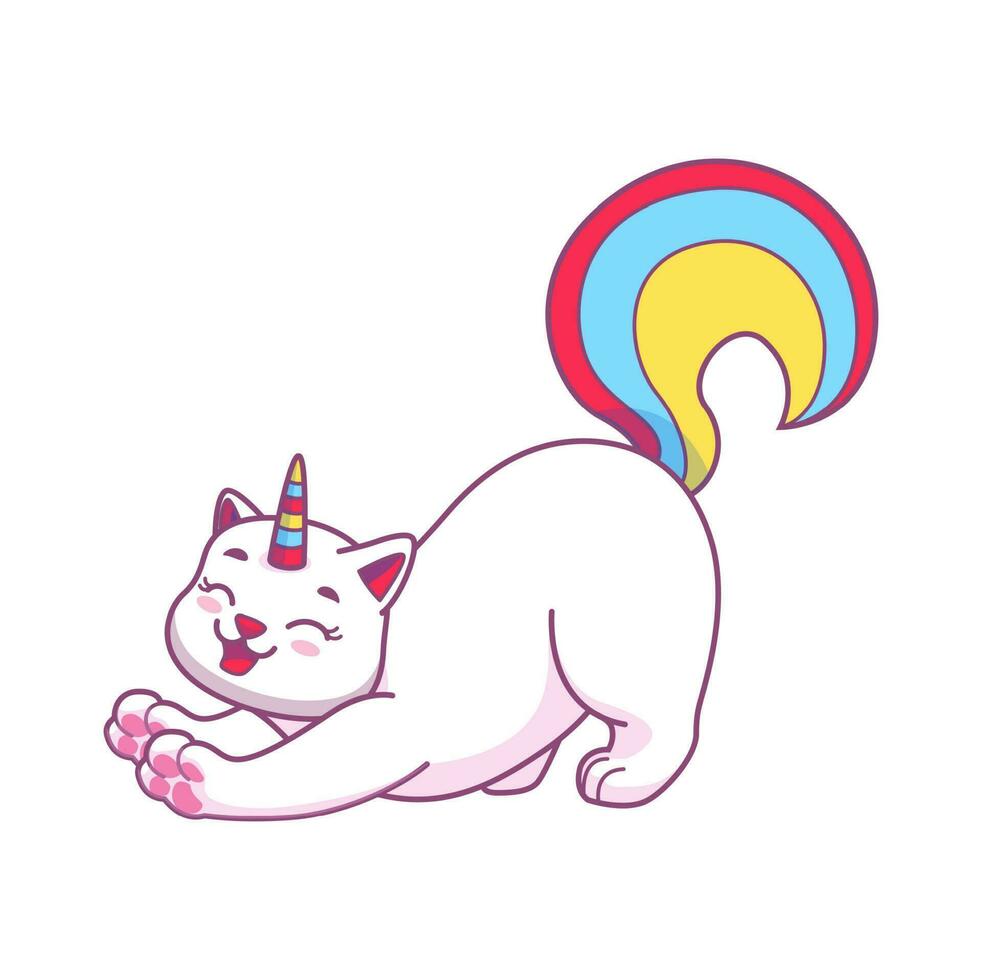 Cute caticorn character stretching with joy vector