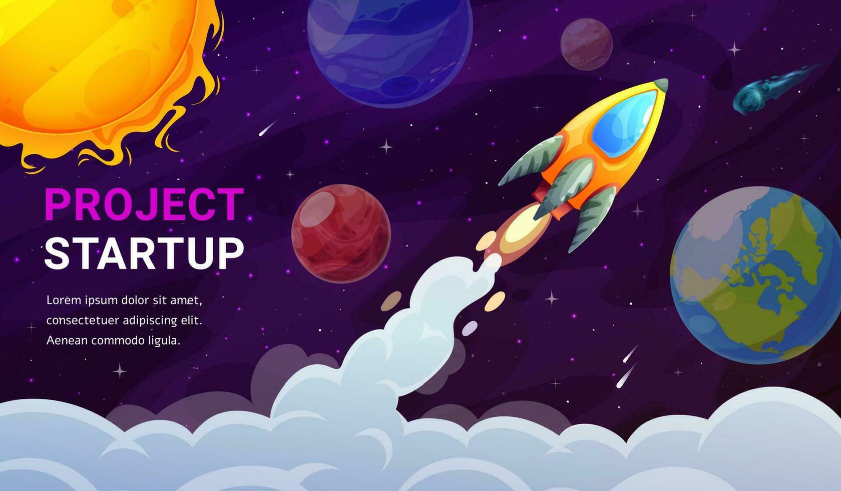 Startup landing page with rocket, space planets vector