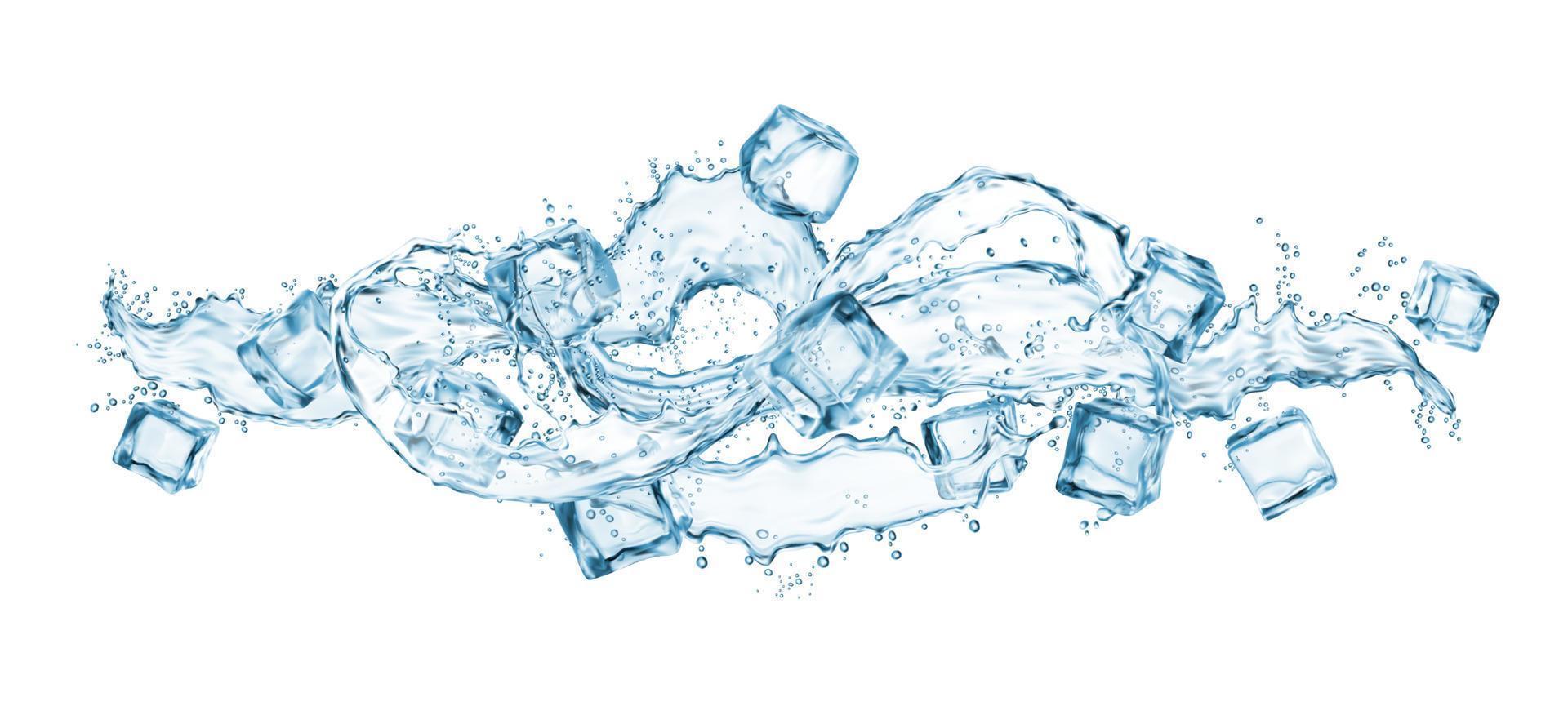Frozen ice cubes, water wave splashes and drops vector