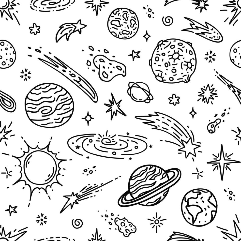 Doodle space planets and stars seamless pattern vector