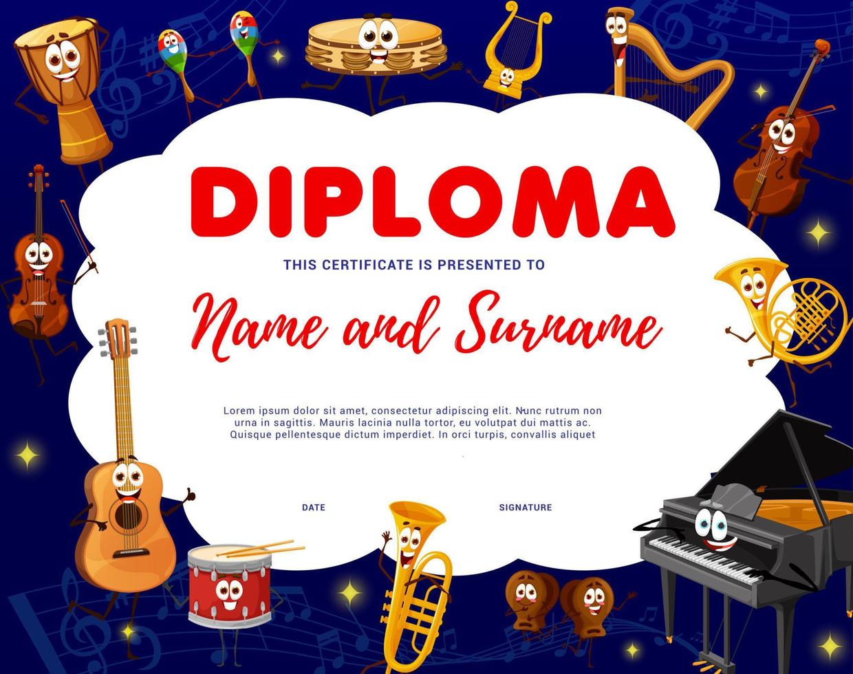 Kid diploma, cartoon musical instrument characters vector