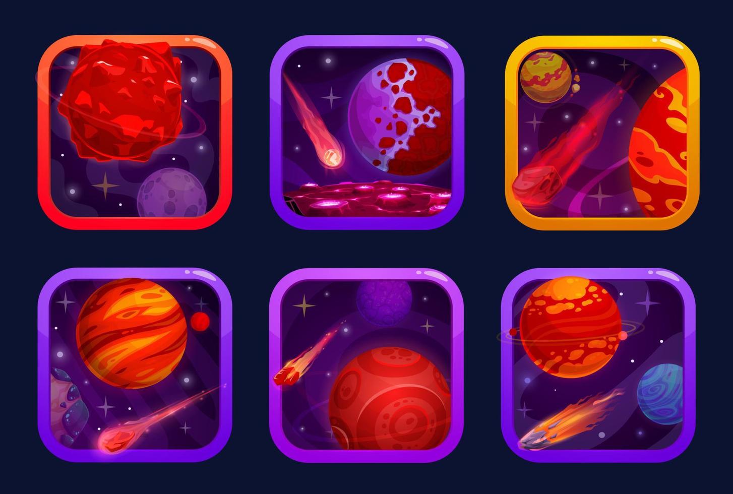Cartoon space game app icons, comets and planets vector