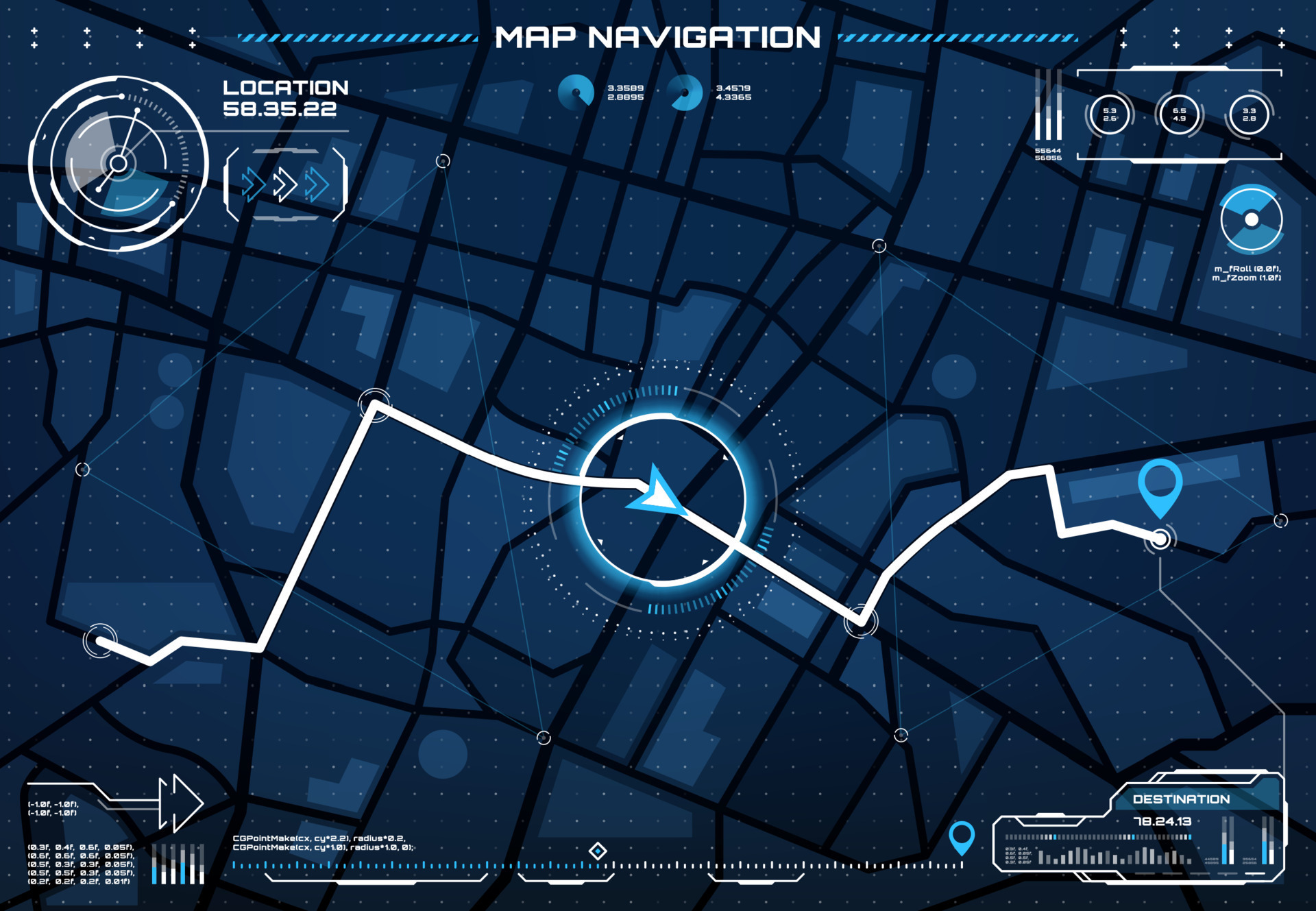 HUD city map navigation interface screen and route 21616003 Vector Art