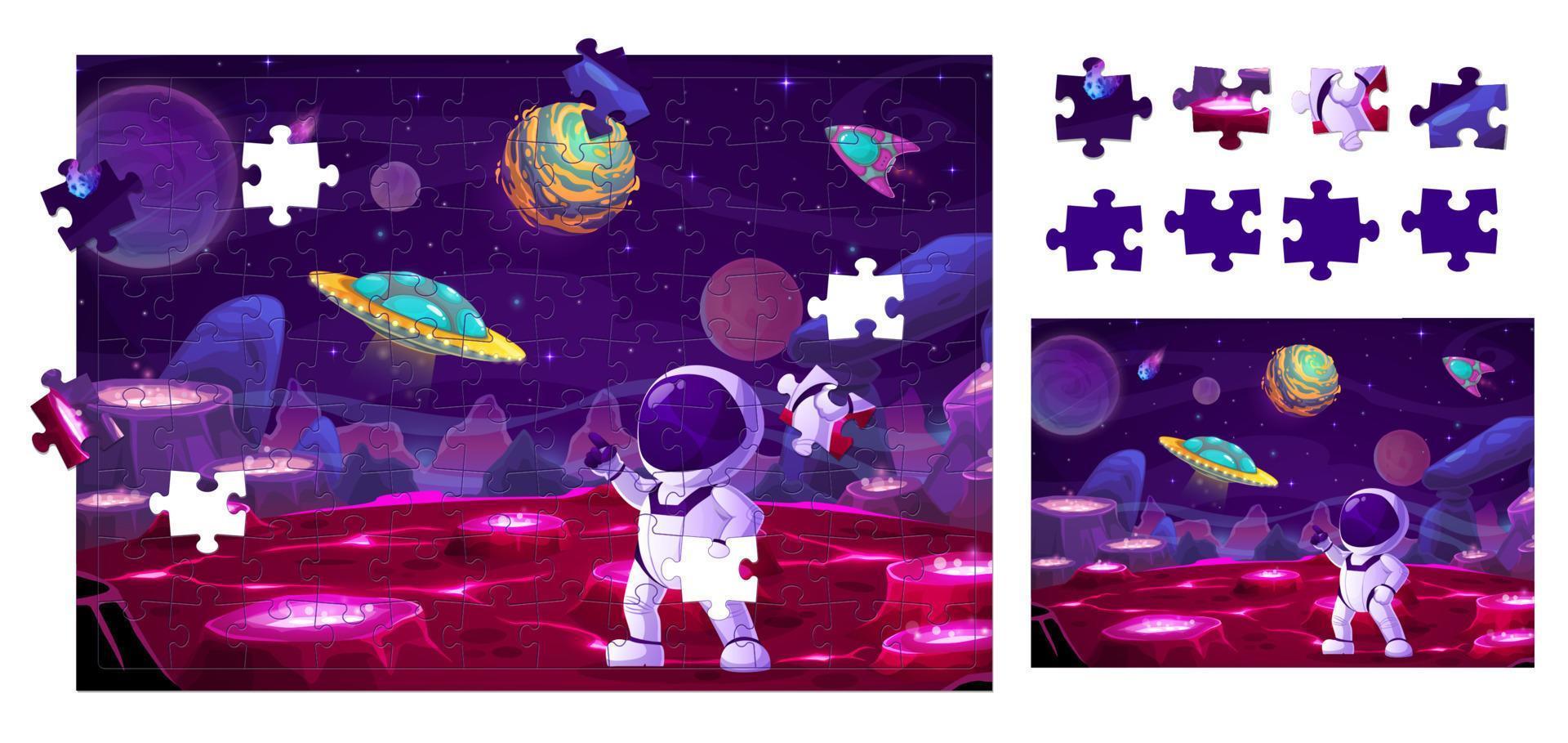 Space and astronaut on planet, jigsaw puzzle game vector