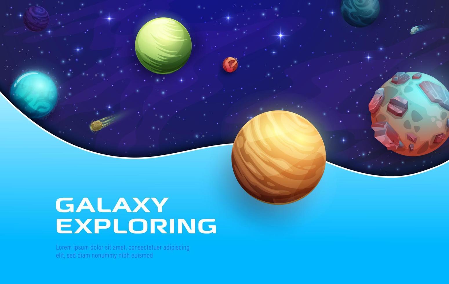 Space landing page with 3D galaxy planets, stars vector