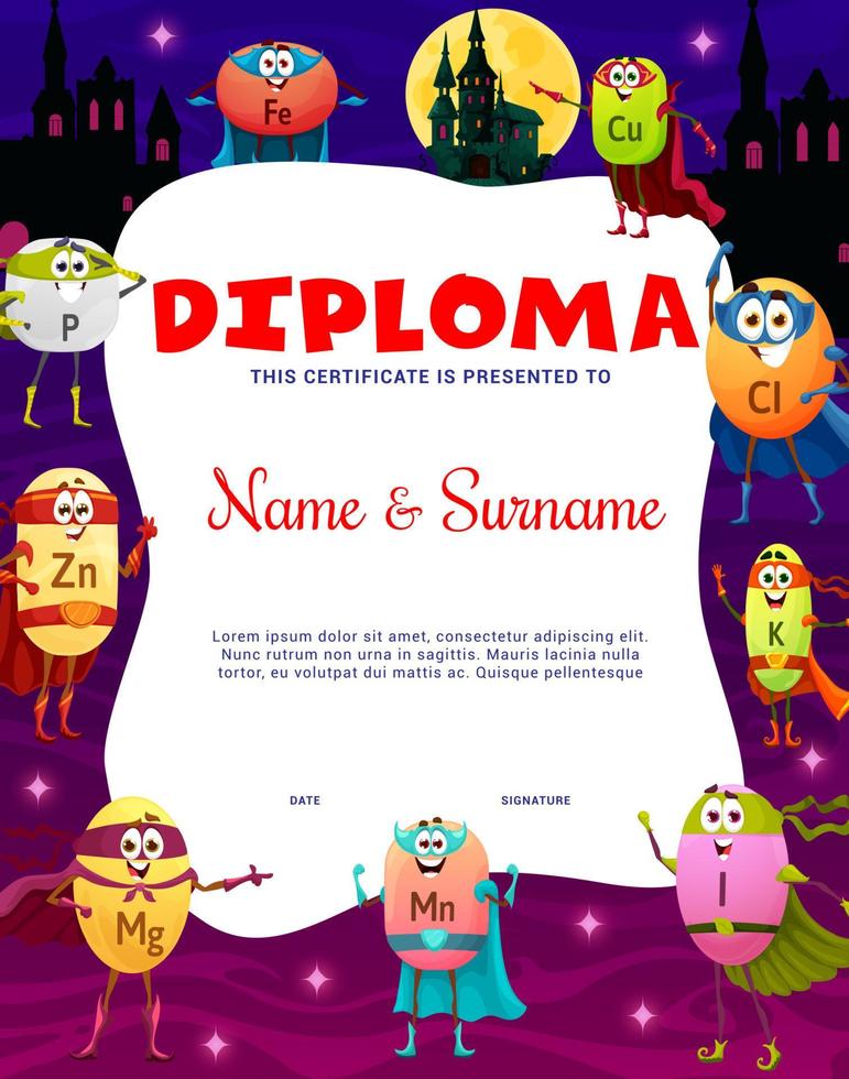 Kids diploma. Cartoon vitamin superhero characters vector