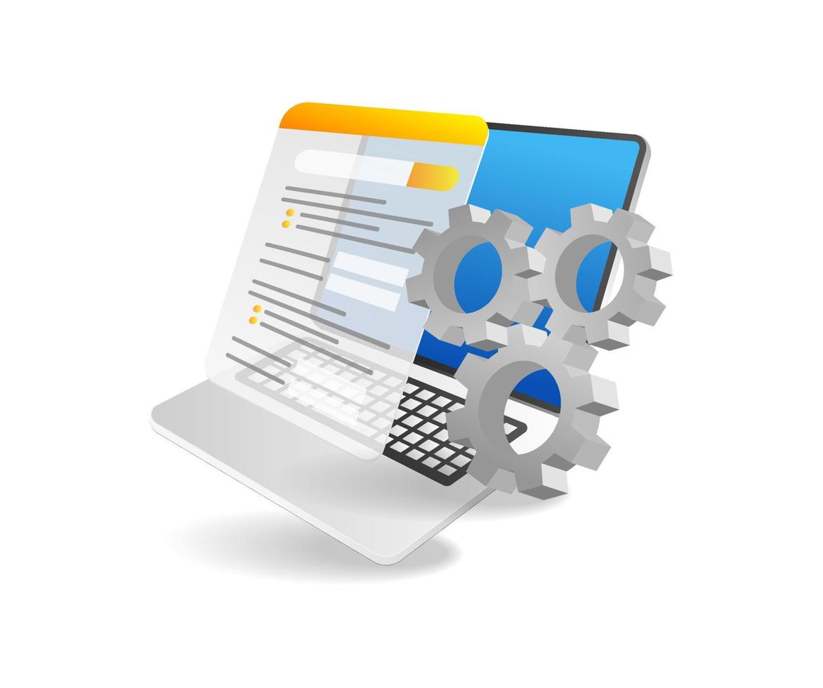 Isometric flat 3d illustration concept of gear filling registration data on computer vector