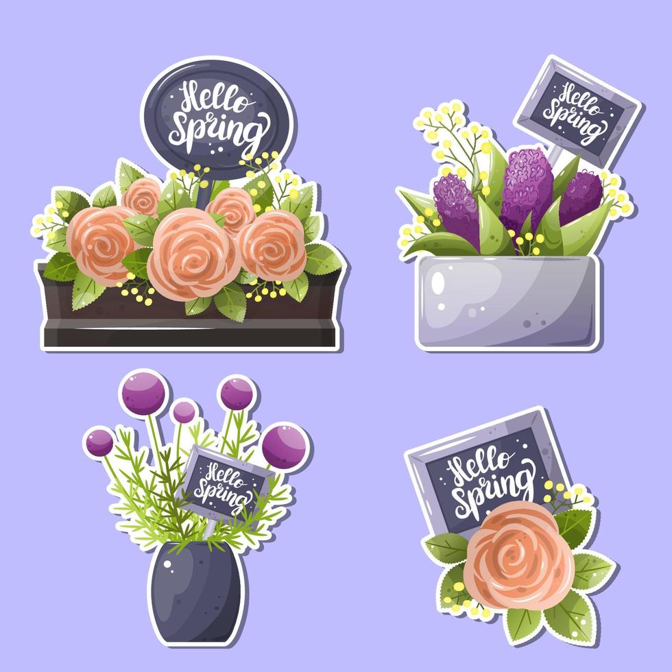 Collection of stickers with cute inscriptions and receipts. spring flowers hyacinth, rose and mimosa. Cute spring stickers for planner. vector