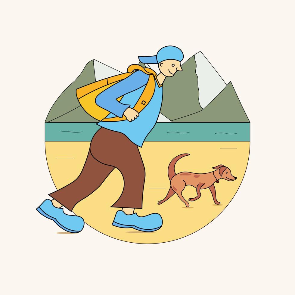 chico caminando con perro en redondeado paisaje. viajar, aventuras y excursionismo concepto. plano aislado vector icono ilustración.