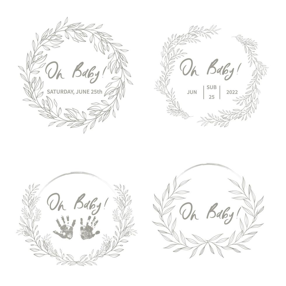 Oh Baby Vector Illustration. Brushed Floral Vector Wreath. Baby Shower Vector Card. Baby Boy Party.