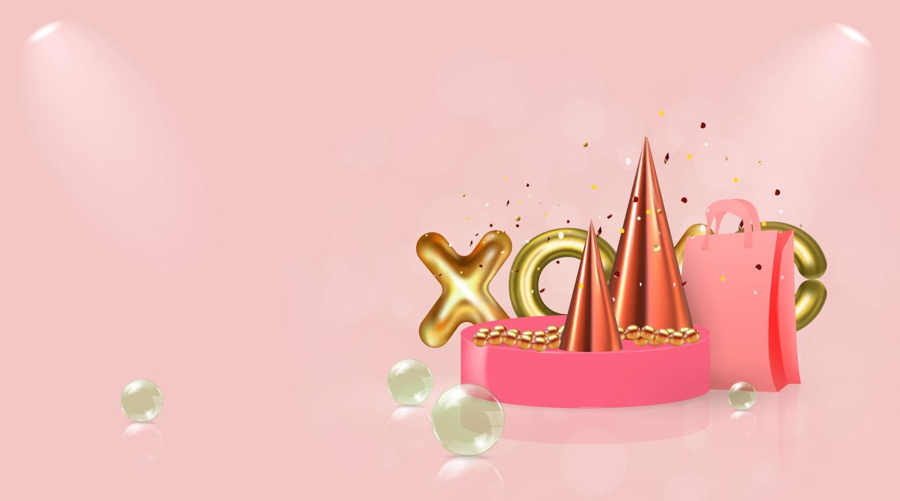 Valentine's Day background. Realistic 3d designer decorations with XOXO overlay. Festive decoration. vector illustration