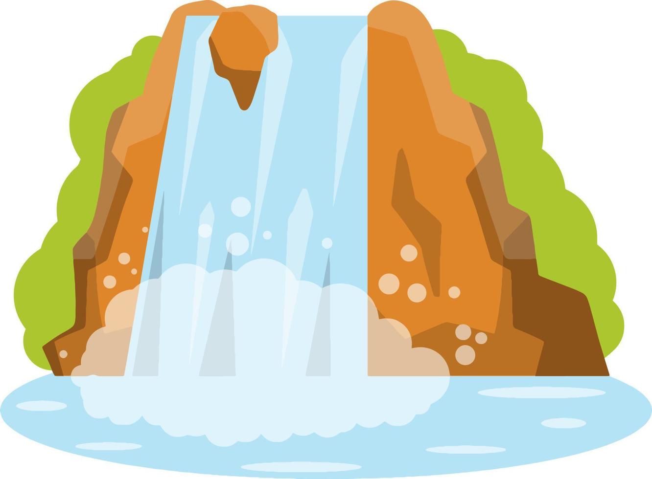 Waterfall on the mountain. Rocks and water. Tropical island. Summer season, Southern landscape. Cartoon flat illustration. Pond and lake. Water falls down vector