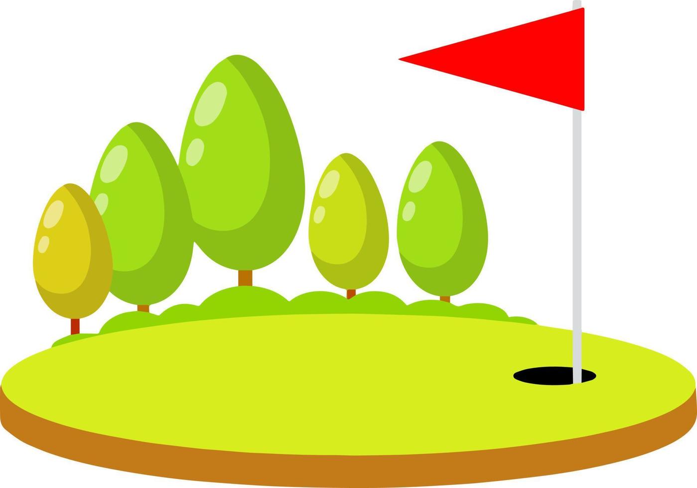 golf curso. verano Deportes y pasatiempo. rojo bandera con agujero y pelota. dibujos animados plano ilustración vector