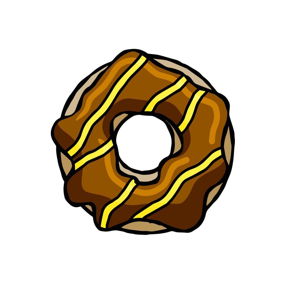 Bitten Donut with chocolate glaze. Sweet sugar dessert with icing. Outline cartoon illustration isolated on white background vector