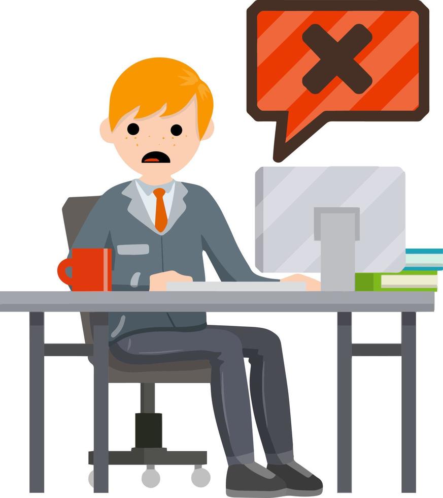 triste oficina trabajador debajo estrés. hombre sentado a computadora. error mensaje es error y virus. acceso es cerrado. trabajo para Servicio reparar. dibujos animados plano ilustración vector