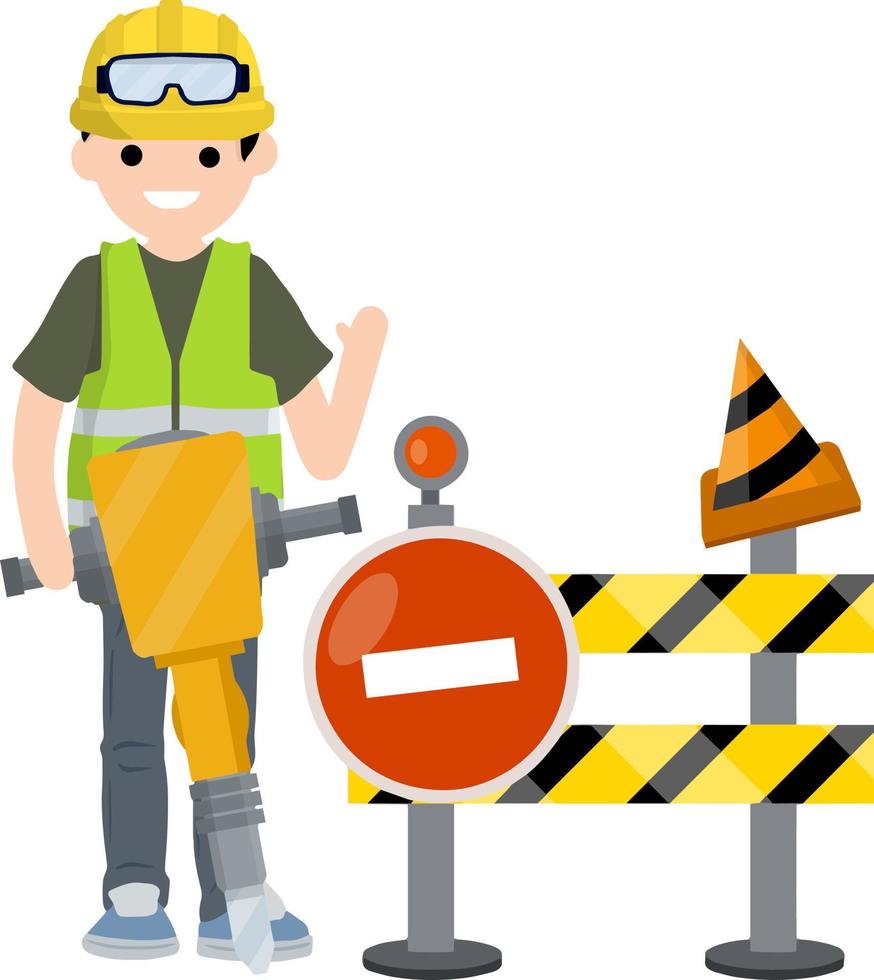 Road works. No-entry sign. barrier and fence. restricted area. Cartoon flat illustration. Two man construction workers in uniform. Closed road vector