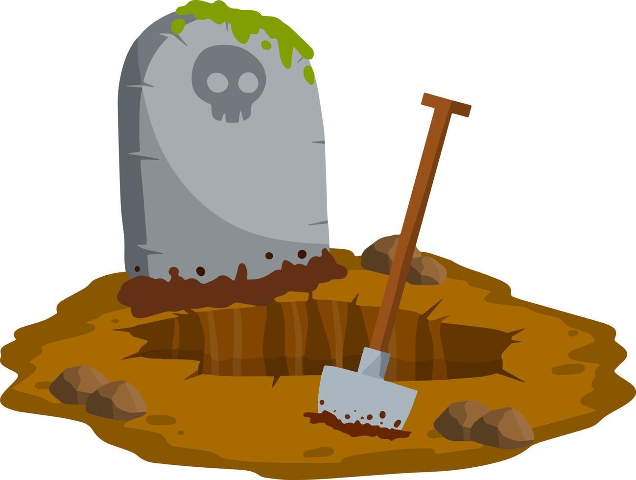 Stone tombstone stands on ground with grave. Celebration of Halloween. Skull on stone. Detail cemetery. Cartoon illustration vector