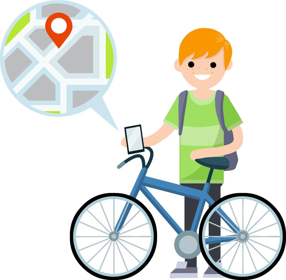 bicicleta con chico con mochila. sano estilo de vida. dibujos animados plano ilustración. urbano transporte. pasatiempo y deporte. ciudad mapa y navegación. moderno tecnología. joven chico vector