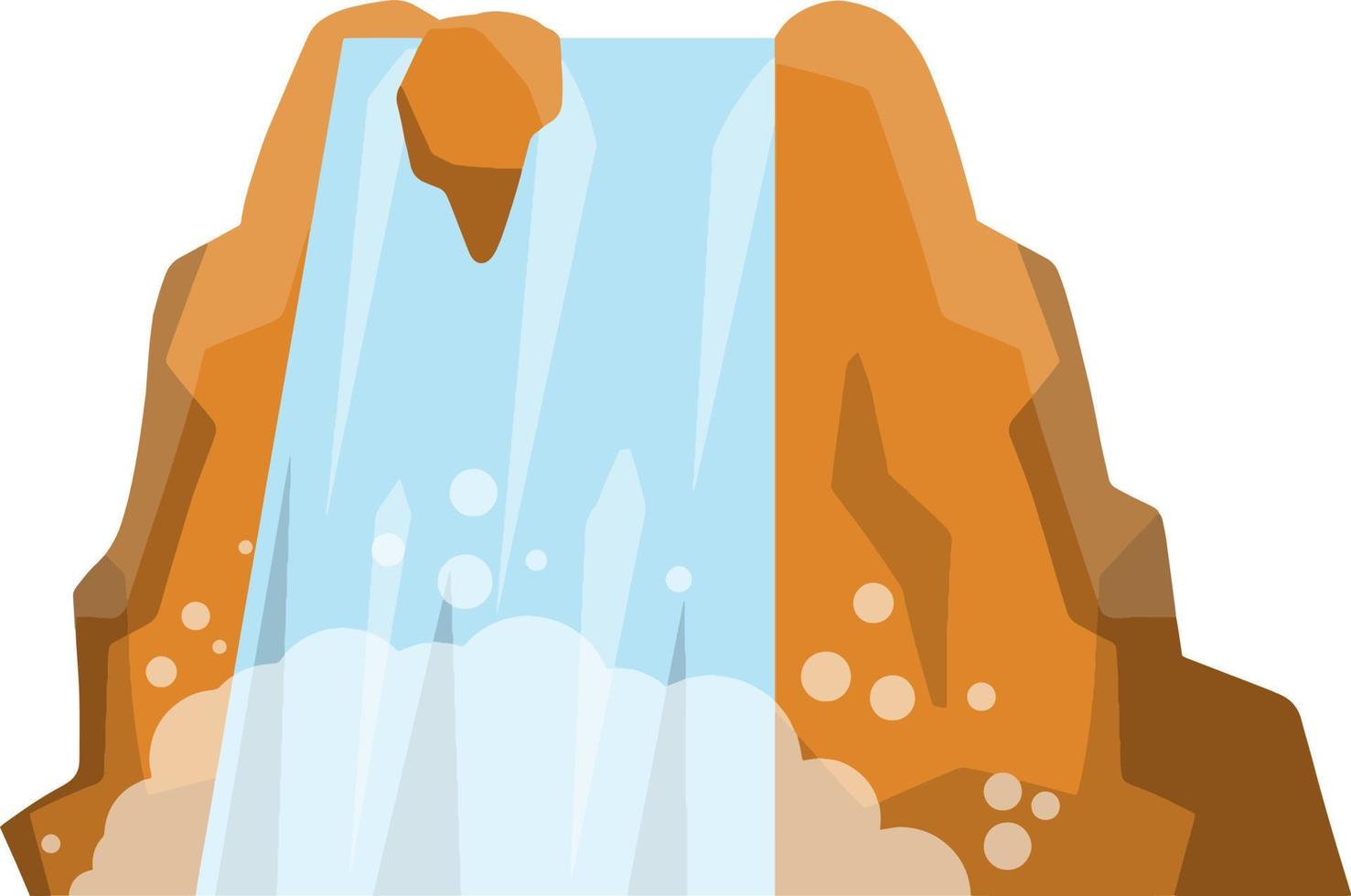 Waterfall on the mountain. Rocks and water. Tropical island. Summer season, Southern landscape. Cartoon flat illustration. Pond and lake. Water falls down vector