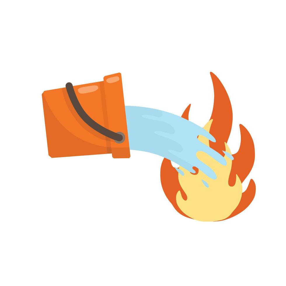 Bucket pours water on fire. Firefighting and spilling with spray. Flat cartoon illustration isolated on white background vector